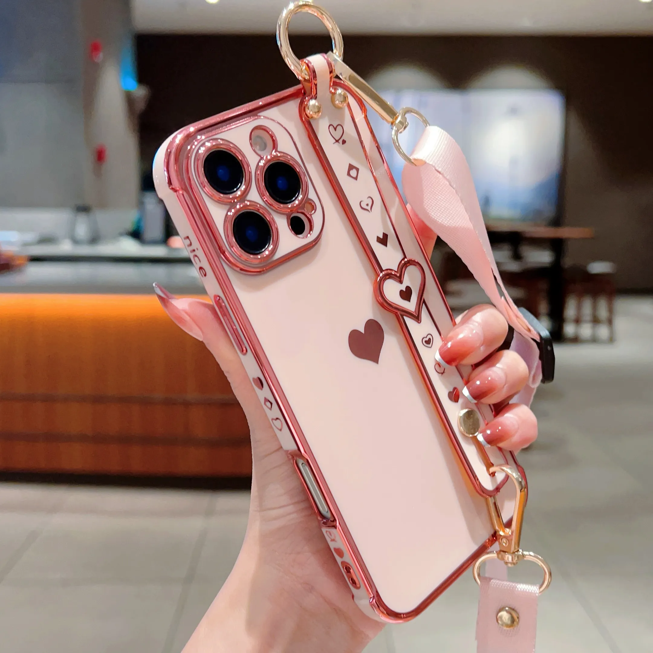 Elegant Heart-Shaped Phone Case: With Adjustable Strap For Security - Protective Mobile Accessory_voghion.com