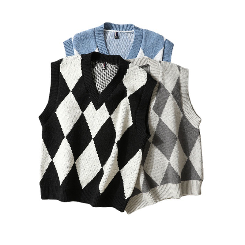 Canotta autunno e inverno nuovo gilet da uomo con scollo a V ispessito senza maniche, canotta con griglia a rombi, colore a contrasto_voghion.com