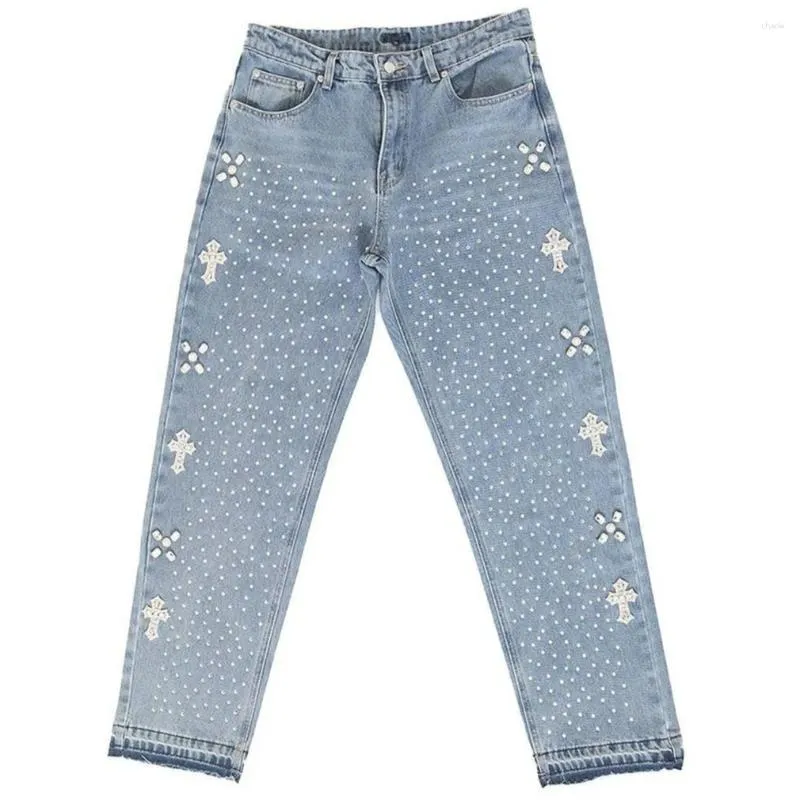 Men's Jeans Y2K Fashion Men Women Haruku Cross Graphic Rhinestone Baggy Trousers Goth Retro Blue Straight Pants_mkmklike.com