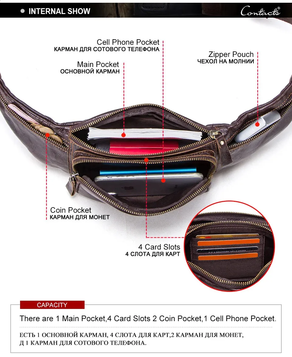 CONTACTS Rindsleder Herren Casual Kleine Gürteltasche für Handy und Kreditkarten Reise-Brusttasche 240829_voghion.com