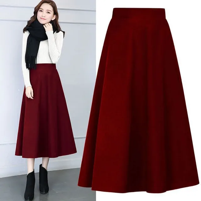 vendita calda autunno inverno donna midi elastico in vita orlo largo tasche laterali stile coreano tinta unita gonna lunga a trapezio abbigliamento femminile_voghion.com