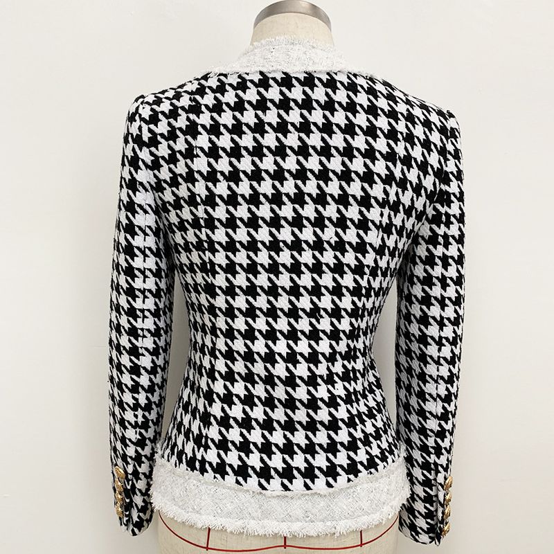 Women's Clothing autumn and winter star round neck zipper houndstooth fringed tweed jacket short coat_voghion.com