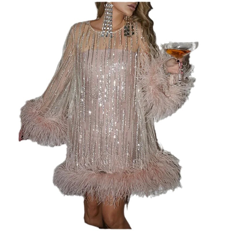 Dammemode Rosa Partykleed Kuerz Glitter Pailletten Straussenpelz Trompettärmel Kleed_voghion.com
