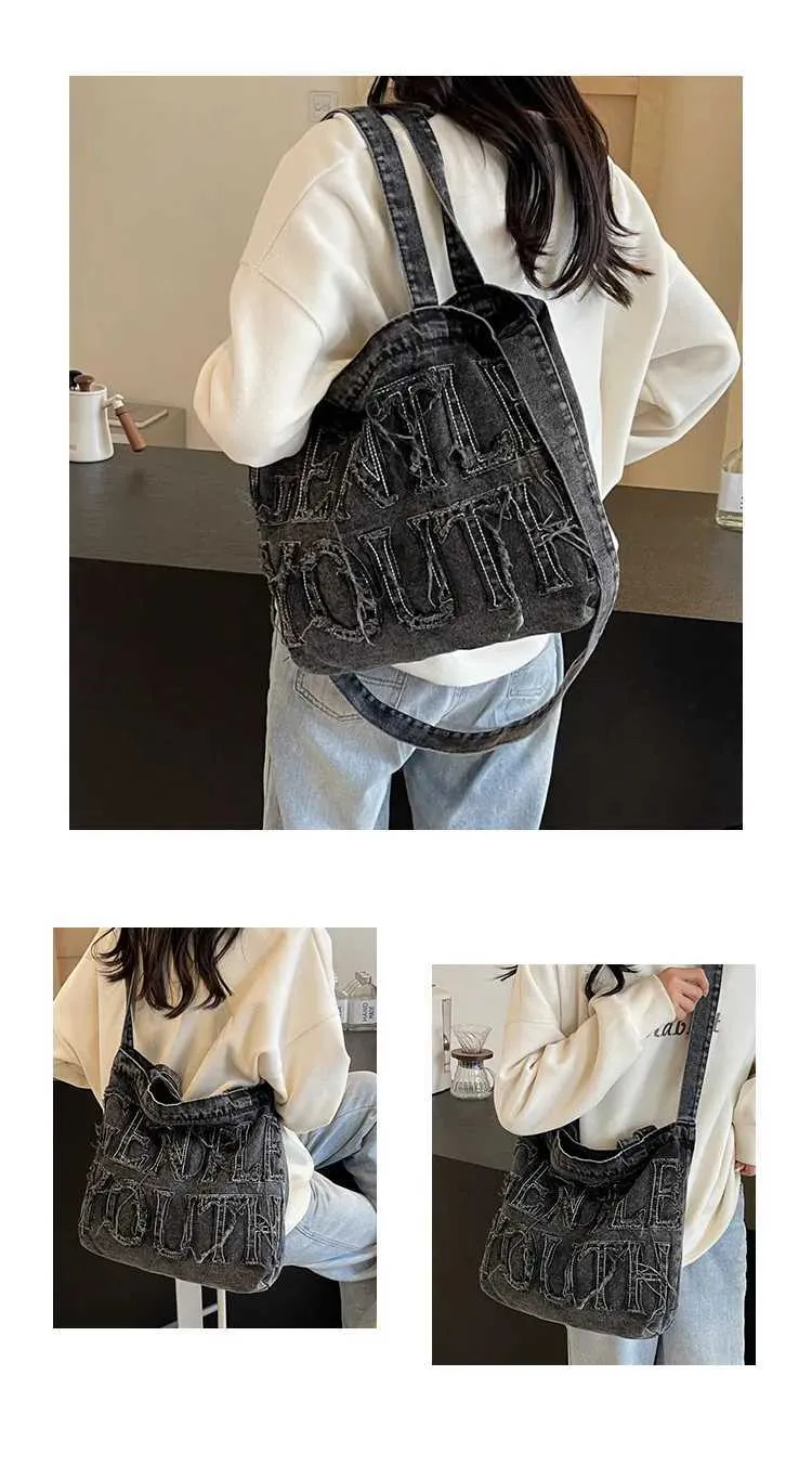 Minimalist Style R Edge Letter Design Jeans Canvas Solid Color Large Capacity Shoulder Bag Suitable For WomenC241116_voghion.com