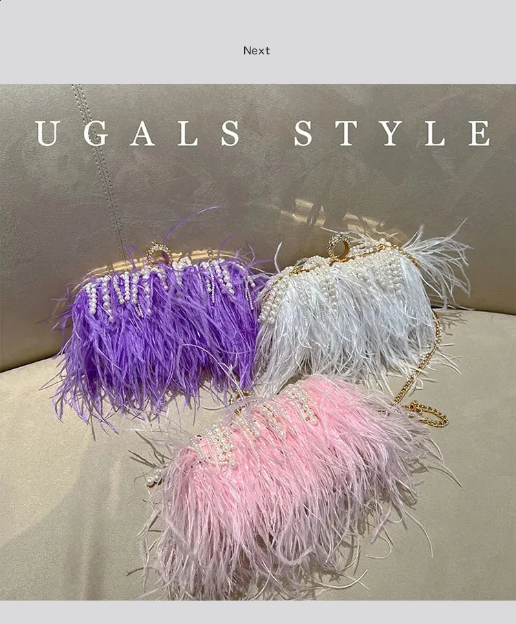 Pochette de soirée en plumes avec perles pour mariage et soirée_voghion.com