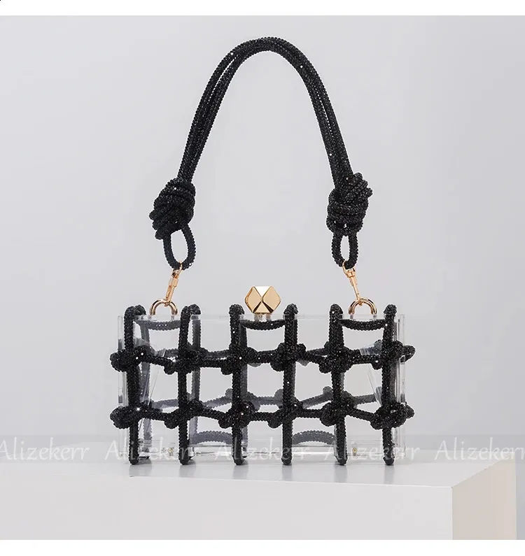 Bolsos de mano de noche con caja de acrílico transparente Dia para mujer, bolsos de mano y carteras de mano con cuerda anudada tejida, para bodas y fiestas_voghion.com