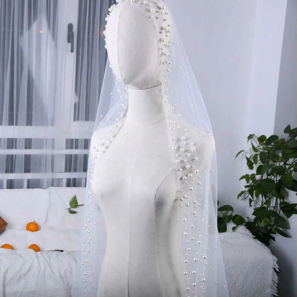 Hair Jewelry V66 Pearls Beaded Bridal Church 3M Long Cathedral Veils No Comb Nail Pretty Wedding Accessories 1 Tier Soft_voghion.com