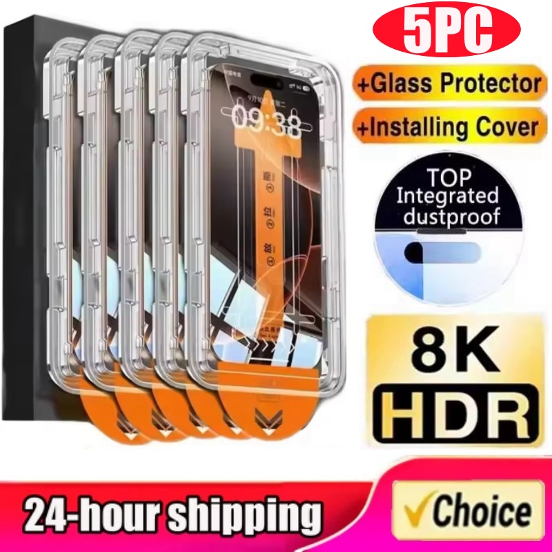 5PCS HD Dust Free Tempered Glass For IPhone Max Air 17 Pro 16 Plus 15 14 11 XR SE Screen Protector Easy Install Box