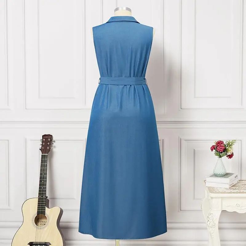 women's clothing temperament casual lapel sleeveless waist tie denim dress_voghion.com