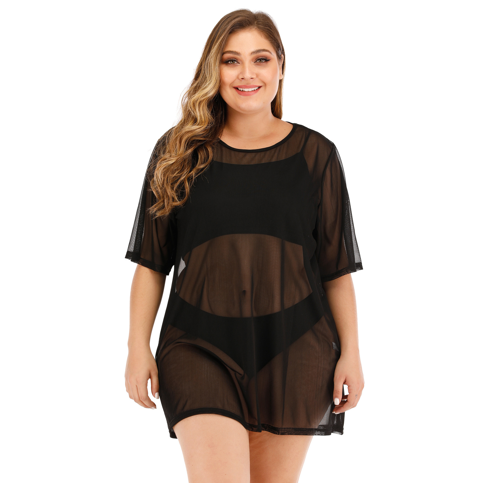 Abito camicetta bikini con gonna da spiaggia in rete trasparente sexy da donna taglie forti_voghion.com