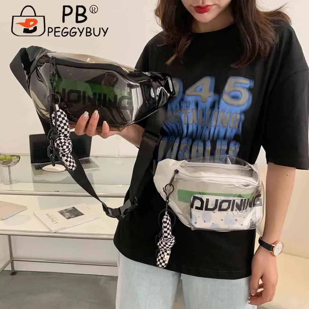 Fashion Fanny Packs Unisex Clear PVC Waist Pouch Multi-functional Letter Printed With Pendant Adjustable Buckle Strap_voghion.com