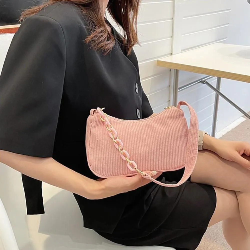Hobo Chain Corduroy Shoulder Bag Korean Style Solid Color Crossbody Storage Makeup Lipstick Veet Underarm_voghion.com