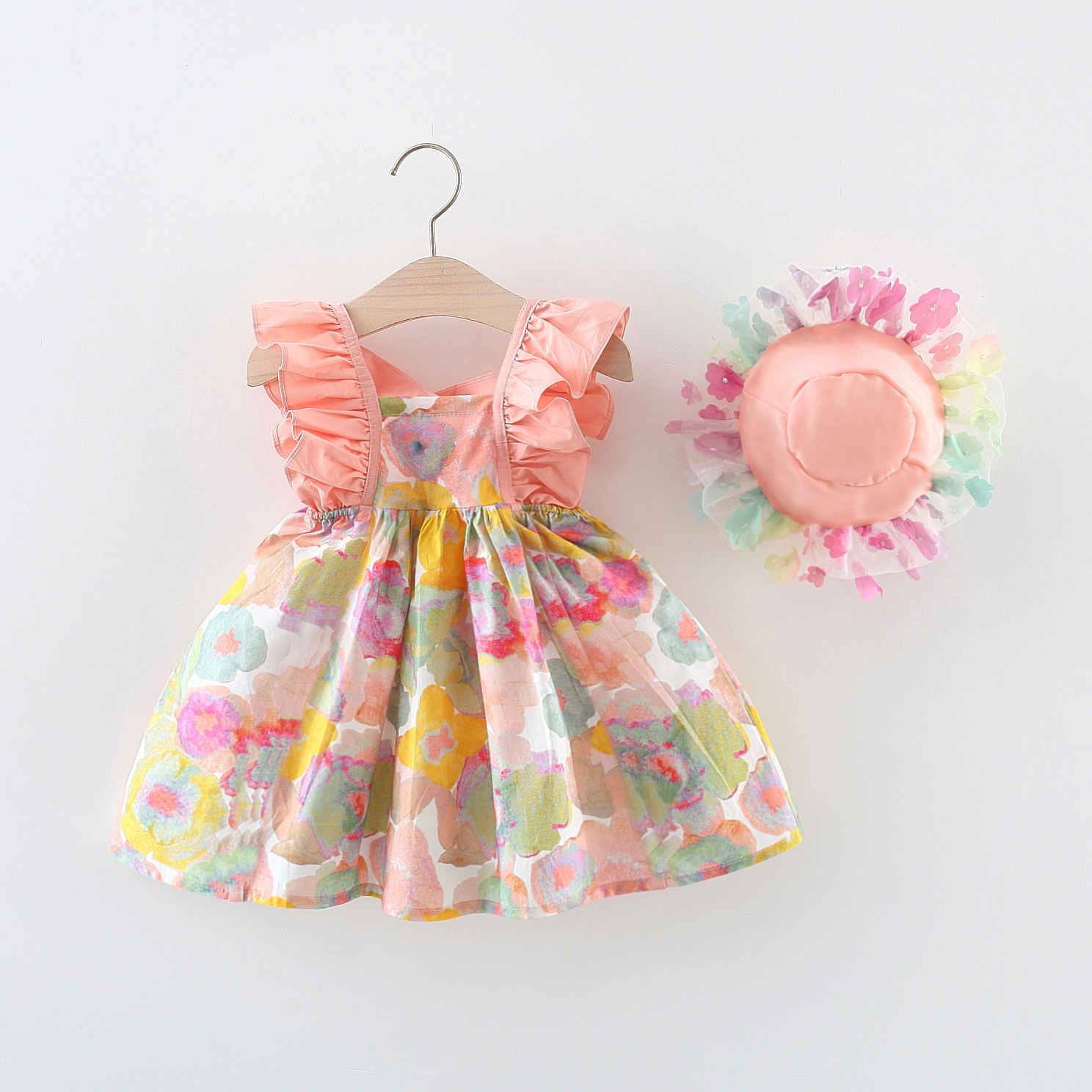 Summer New Colorful Flower Sleeveless Baby Girl Dress Solid Color Small Flying Sleeves Beach Party Children's Clothing Send Hat (0-3 Years Old)_voghion.com