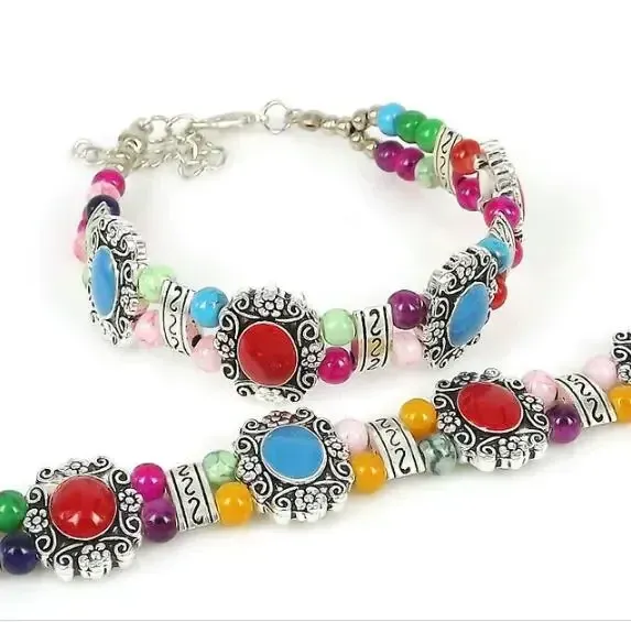 Pulseira feminina moda vintage pulseira étnica edição coreana dupla camada artesanato retrô remada turquesa acessórios_voghion.com