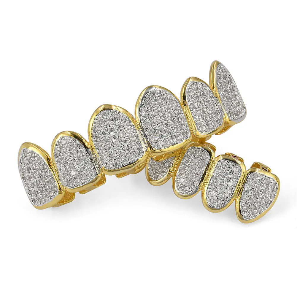Echtes Gold Zähne Fang Grillz Punk Hip Hop Cubic Zirkon Iced Out Vampire Dental Mund Grills Zahnspangen Zahnkappe Rapper_voghion.com