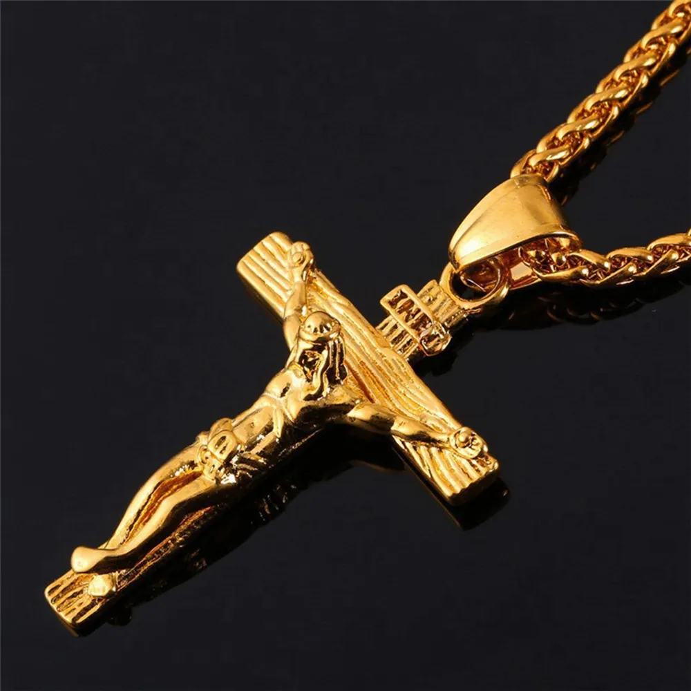 Religious Jesus Fashion Gold Cross Pendent With Chain Necklace Jewelry Gifts For Men Pendant_voghion.com