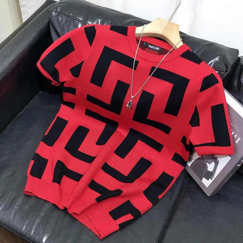 T-shirt estiva da uomo a maniche corte con motivo geometrico primaverile e autunnale slim casual trendy a maniche corte in maglia_voghion.com