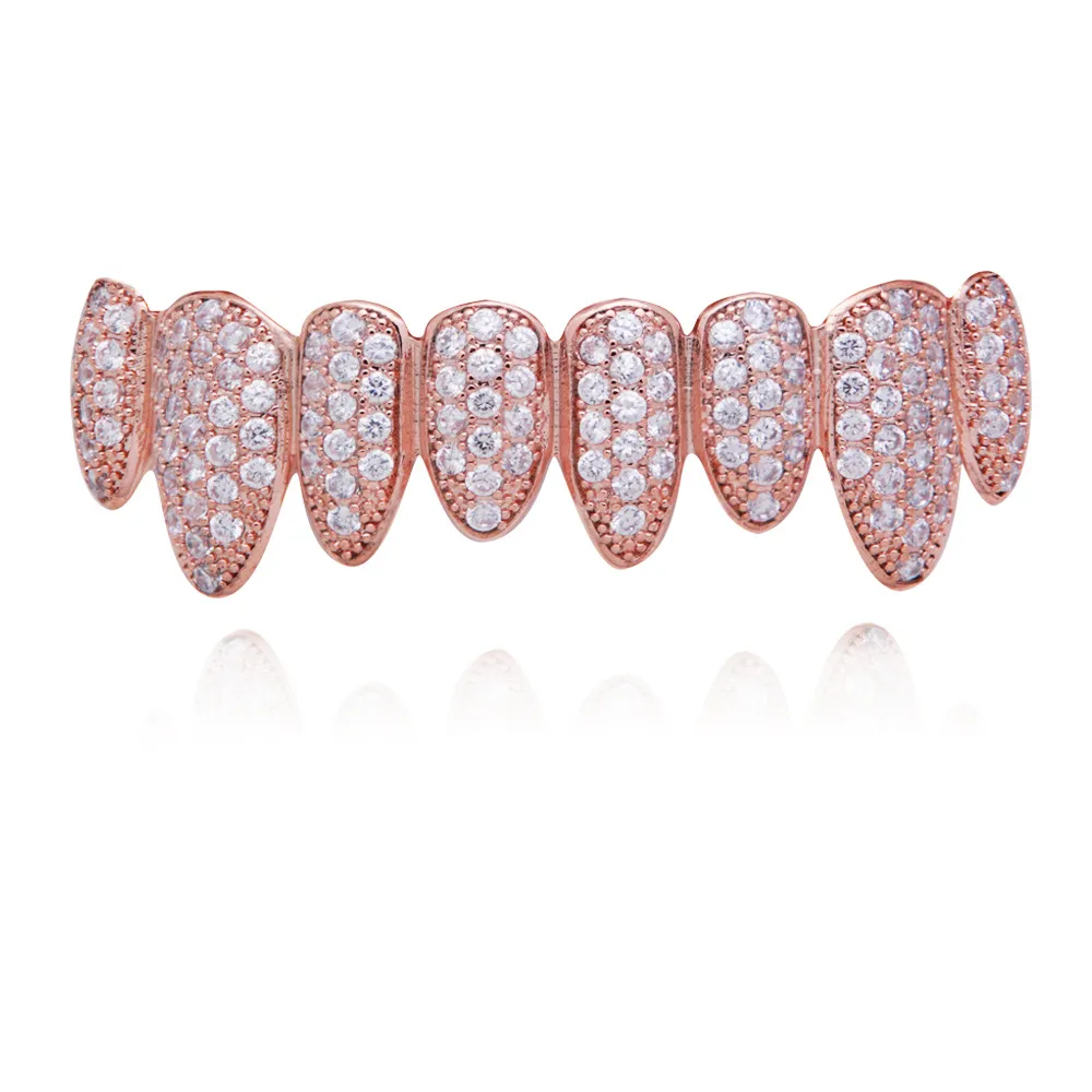 Rose Weißgold Vampir Grillz Iced Out Fang Grills Voller bunter Durchmesser Cosplay Zahnkappe Zahnspange_voghion.com