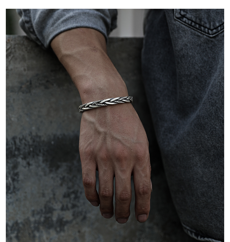 Bracciale rigido in argento 925 intrecciato stile thai retrò_voghion.com