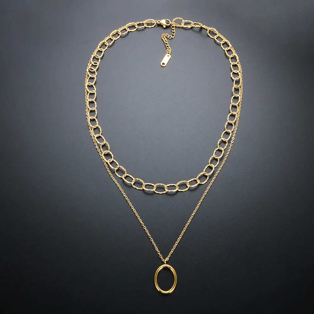 Collane con ciondolo Semplice ovale Multi strato Collana per donna Uomo Acciaio inossidabile Catena a maglie Choker Hip Hop Trendy_voghion.com