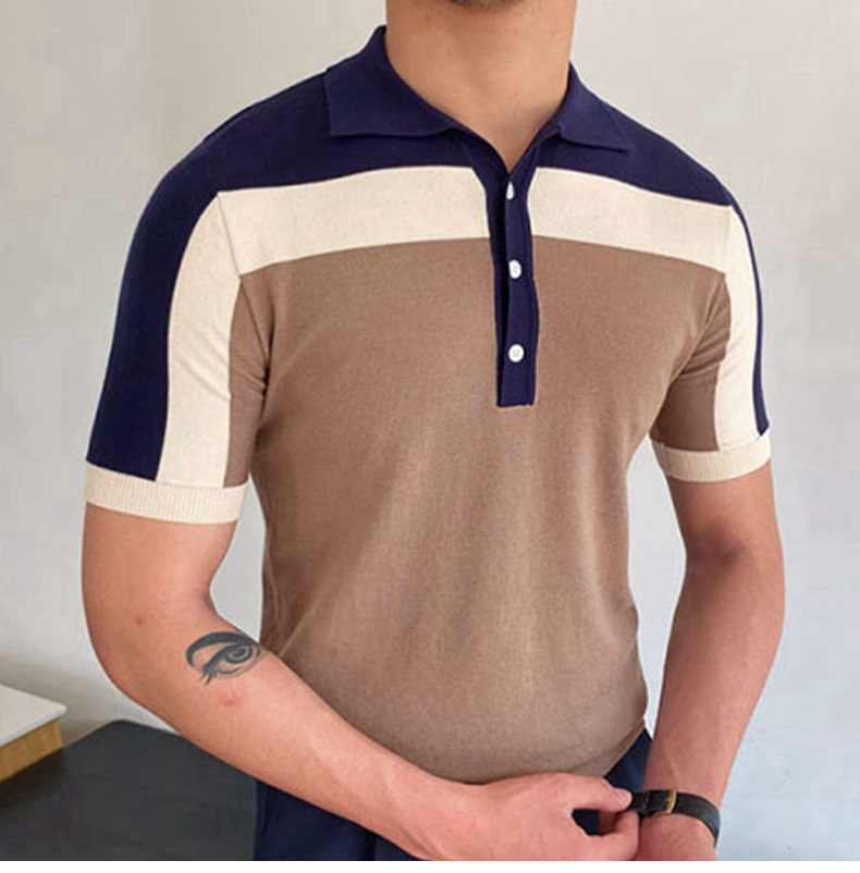 Nuova camicia da uomo in maglia patchwork con maniche corte, colore a contrasto, polo aderente, da uomo SY0046_voghion.com