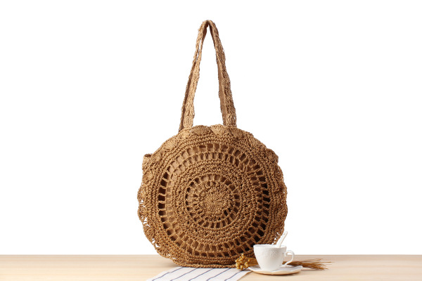 Semplice borsa di paglia a spalla singola rotonda cava, borsa da spiaggia con fiori intrecciati a mano, borsa da spiaggia_voghion.com