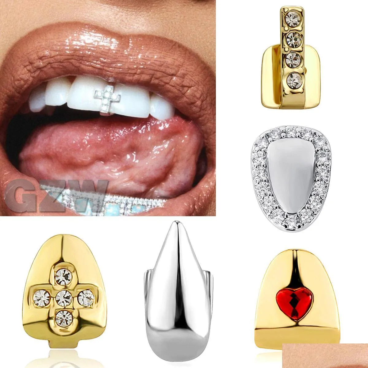 Grillz Dental Grills Gold Single Braces Punk Hip Hop Cz Cubic Zirconia Cross Teeth Mouth Fang Tooth Cap Cosplay_voghion.com
