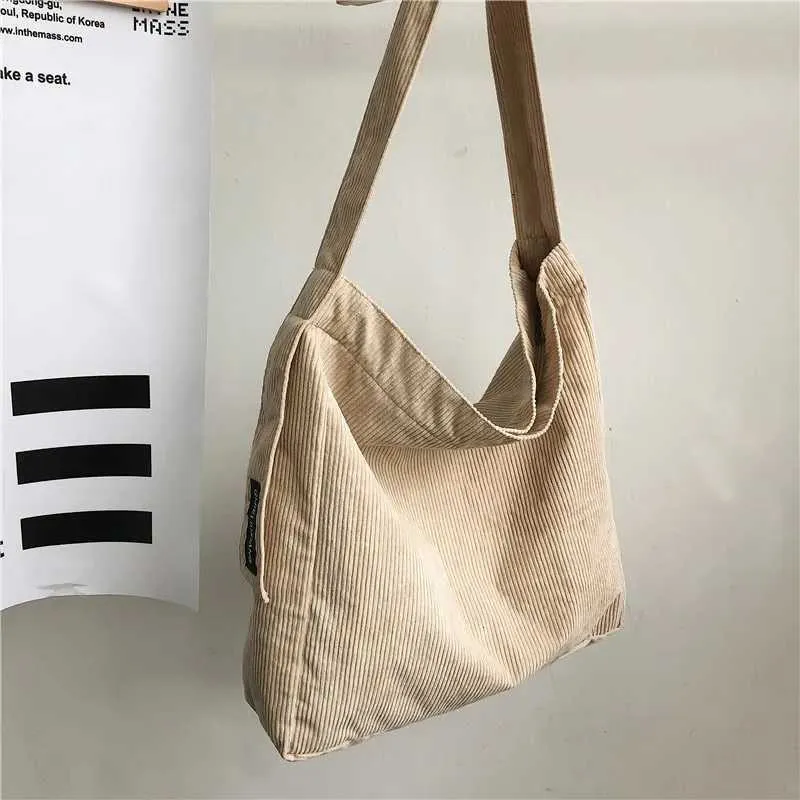 Damska torba na ramię z kordu, mała, bawełniana, płócienna, vintage, duża pojemność, StudentC241031_voghion.com