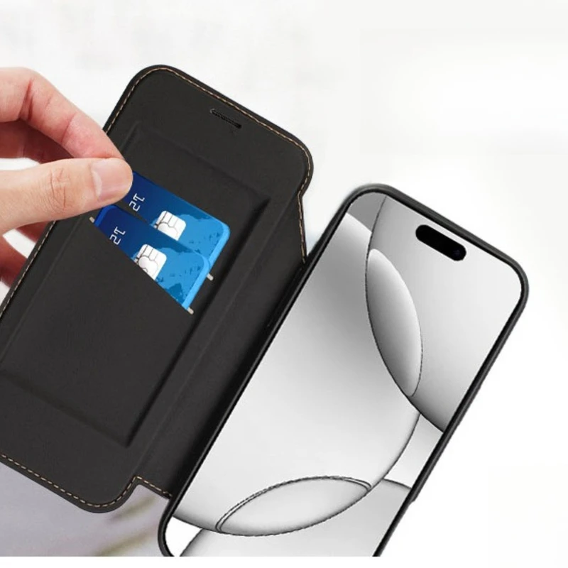 Flip Plain Leather Phone Case For IPhone 17 Pro Max 16e 17Air 16 Pro 15 Plus 14 13 Magnetic Dual Card Slot Bracket Luxury Cover_voghion.com
