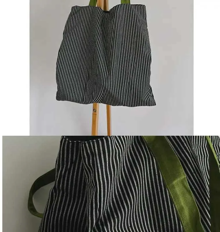 Borsa a tracolla semplice a righe in tela con design a doppio strato, grande capacità, pieghevole, da viaggio sC241031_voghion.com