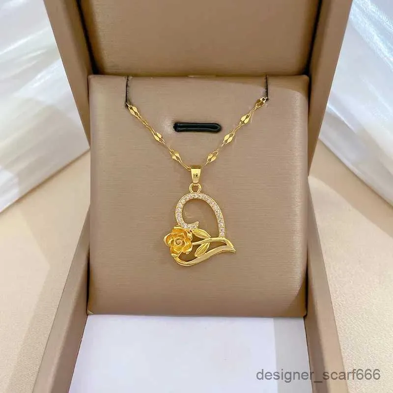 Colar com pingente coração rosa clássico retro aço inoxidável_voghion.com