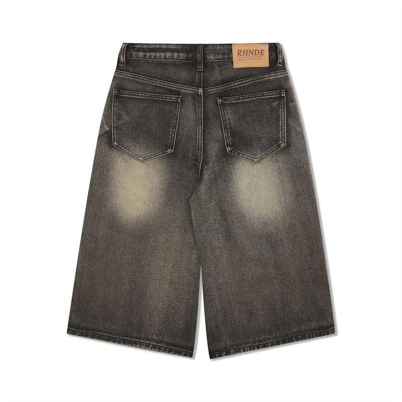 Pantaloni scurți bărbătești, din denim spălat și uzat, lejeri, casual, cu croială dreaptă, până la genunchi, stil american VIP la modă, pentru străzile principale_voghion.com