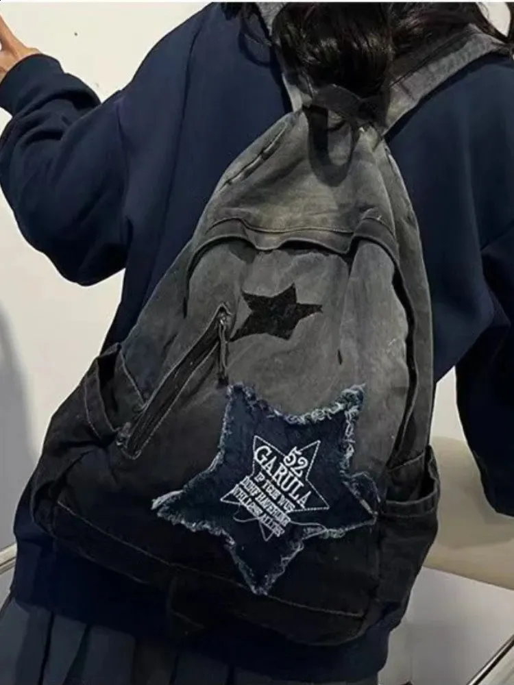 Denim Star Backpack Women Vintage Blue Gradient School Bag Large_voghion.com