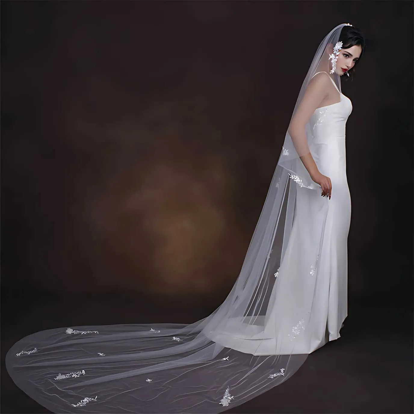 Hair Jewelry Elegant Lace Beaded Wedding Veil 3D Flower Long Cathedral Soft Bridal Illusion With Comb Bride Accessories_voghion.com