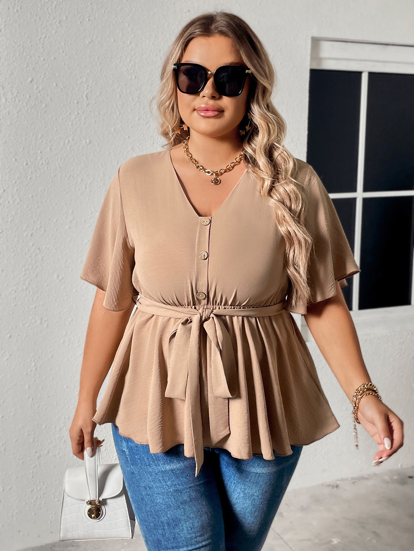 Damen V-Ausschnëtt Schlankheets-Tops fir grouss Gréissten MM Casual Damen_voghion.com
