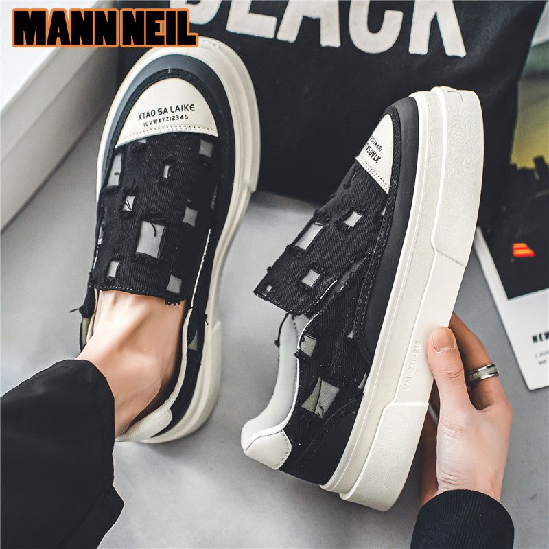 MannNeil 2024 New Summer Breathable Canvas Trdy M's Versatile Instagram High Street Brok Hole Beggar Board Shoes_voghion.com
