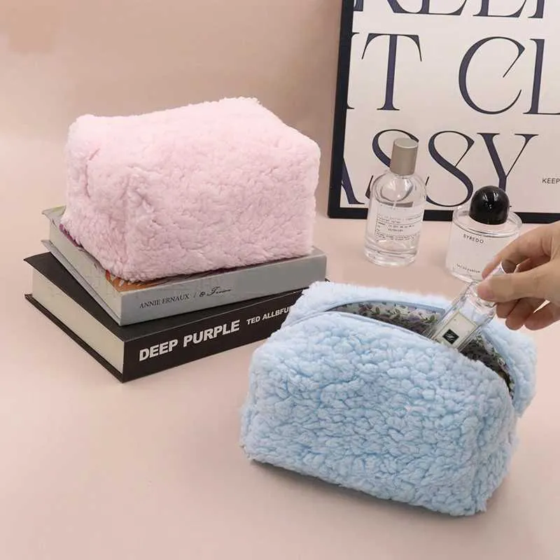 Lammwolle Mini Niedlicher Plüsch Makeup Organizer Kawaii Bleistiftbox Tasche Reise Münzbörse Home Storage Y241023_voghion.com