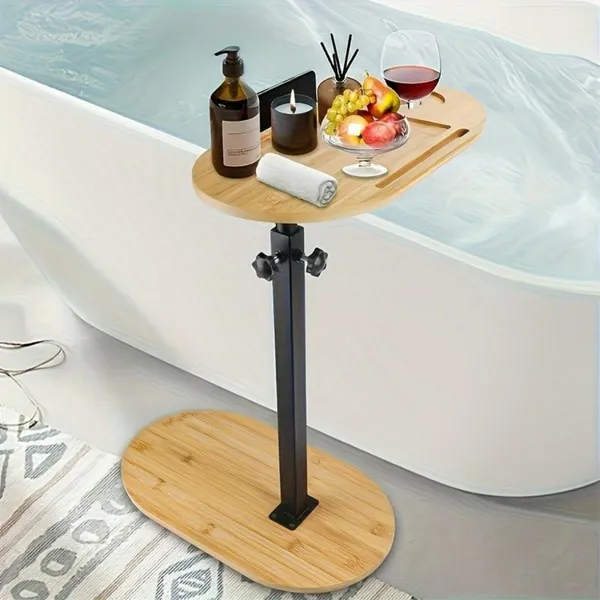 Bamboo Bathtub Tray Table Bath Side Table With Metal Base Adjustable Height, Portable Freestanding Caddy Tray Tub Shelf For Luxury Bath Home Spa Nat_voghion.com