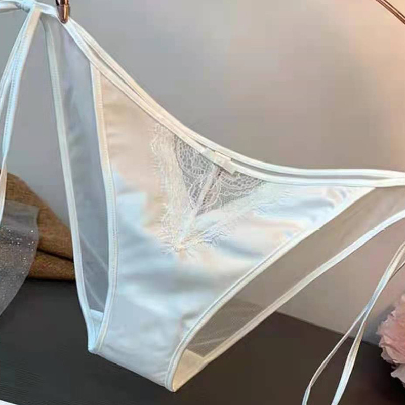 Women's clothing Retro solid color lace-up embroidered briefs satin sexy mesh panties comfortable breathable lace low waist briefs