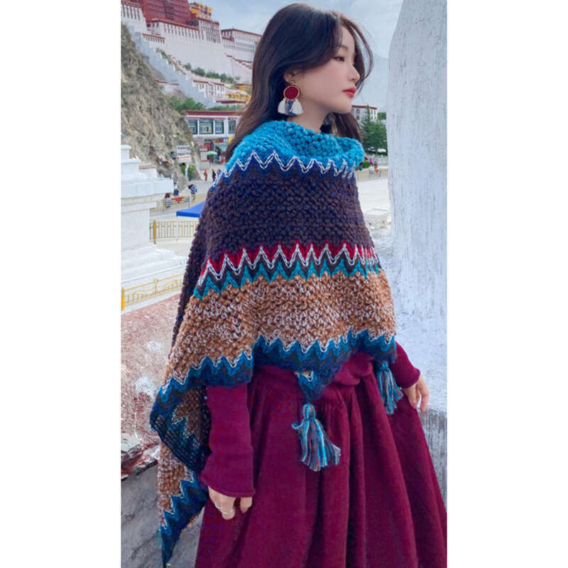 Poncho épais pour femme, châle de voyage, vêtements ethniques_voghion.com