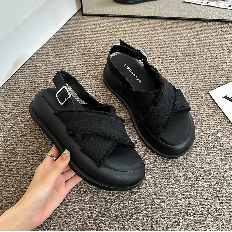 Gladiator Sandals For Women Denim Thick Sole Elegant Beach Shoes_voghion.com