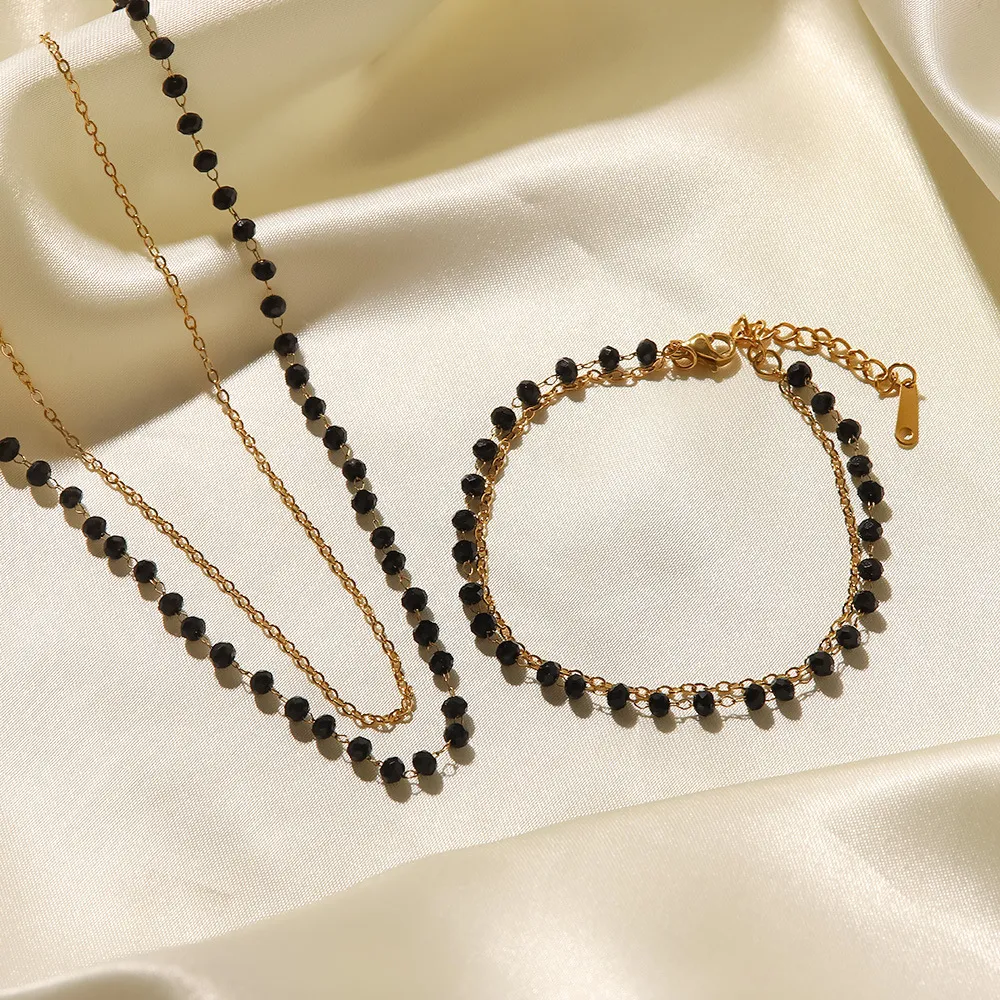 Lanțuri stil boho din oțel inoxidabil cu mărgele negre și piatră de sticlă dublă colier felie accesorii pentru femei_voghion.com