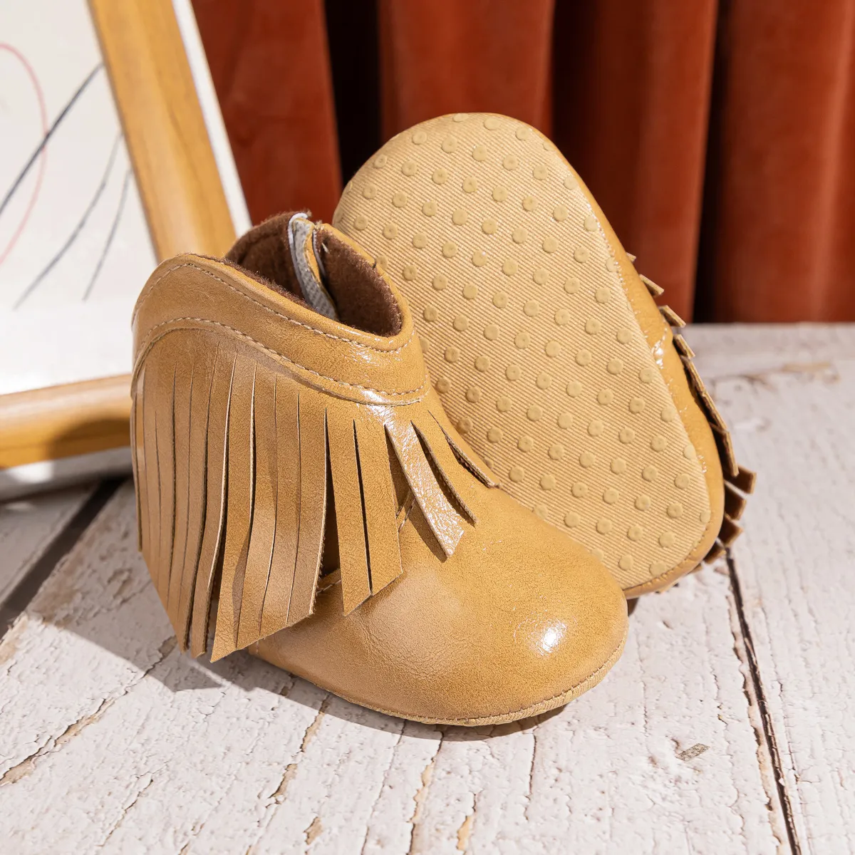Botas de inverno para meninas com borla de couro PU para bebês, zíper lateral, sola macia, antiderrapante, quente, para primeiros passos_voghion.com