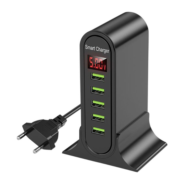 Cargador USB multipuerto de 5 V y 4 A, estándar americano, europeo, vertical, universal, con 5 puertos USB, cargador inteligente para viajes con pantalla digital_voghion.com