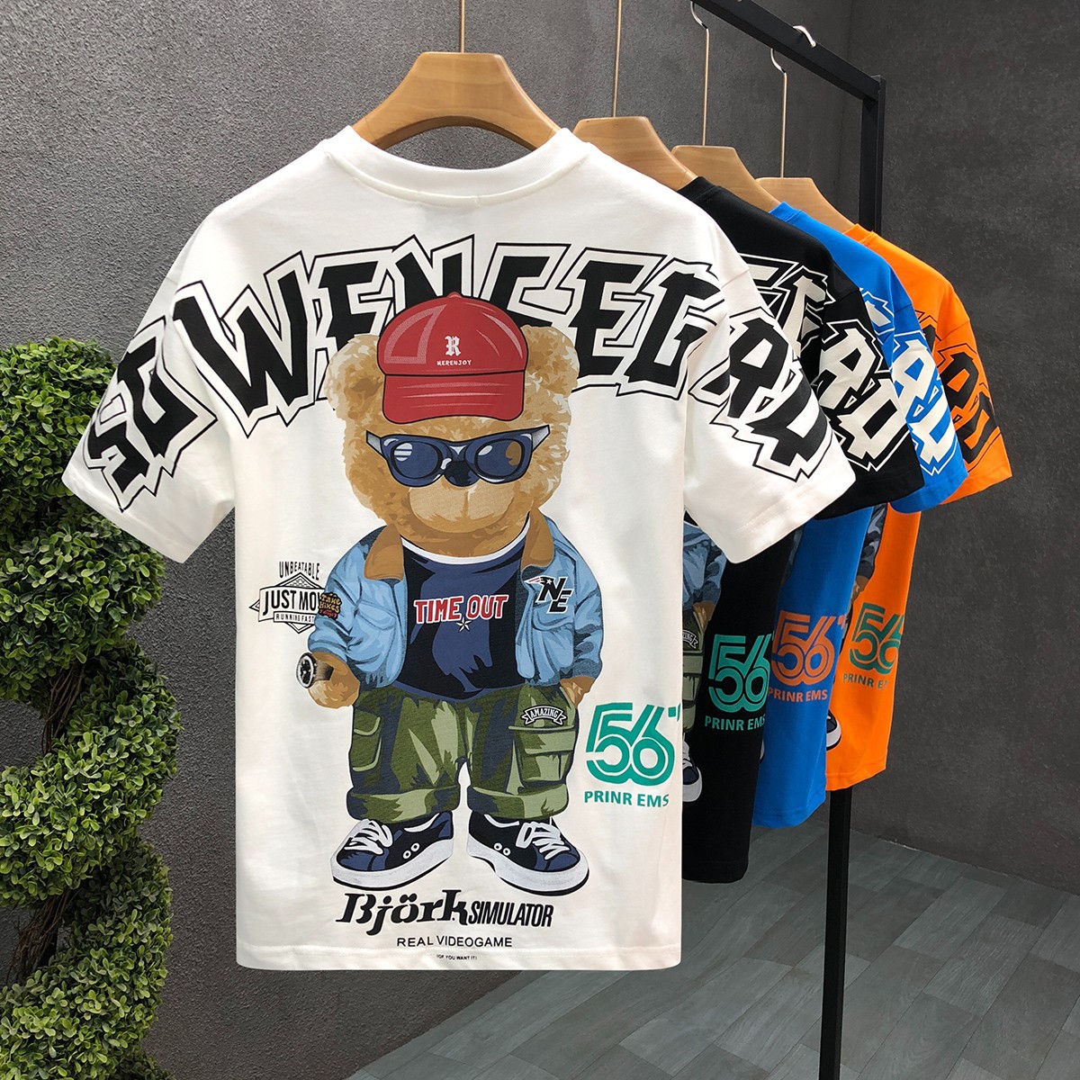Men's Clothing Cartoon bear printed short-sleeved T-shirt men's summer fashion all-match casual round neck pullover loose top