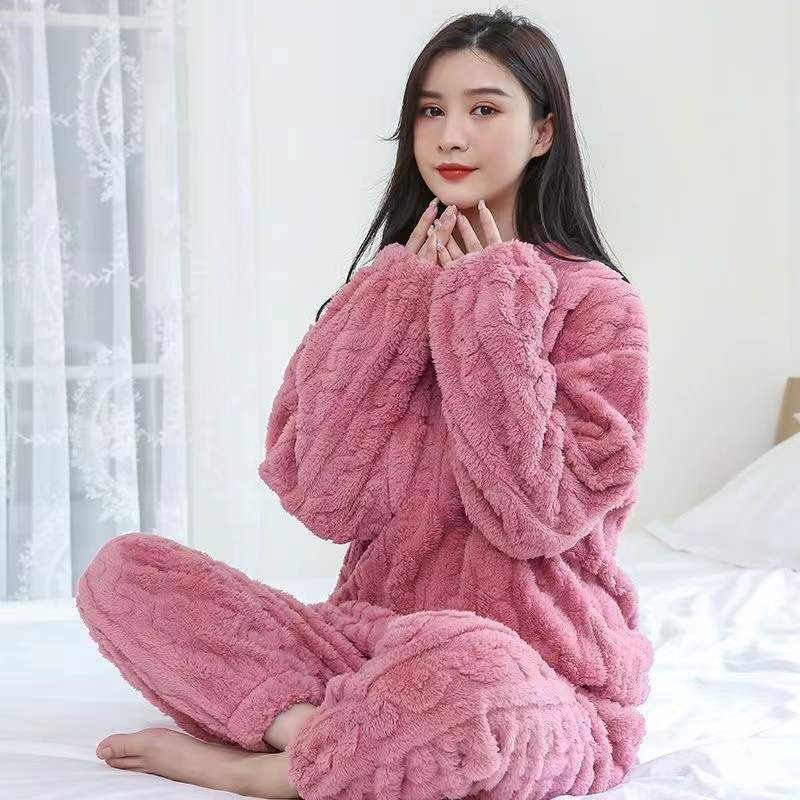 Fleece Pajamas Women's Winter Fleece Thickened Jacquard Long-sleeved Loungewear Two-piece Set Autumn And Winter Loose Warm Suit