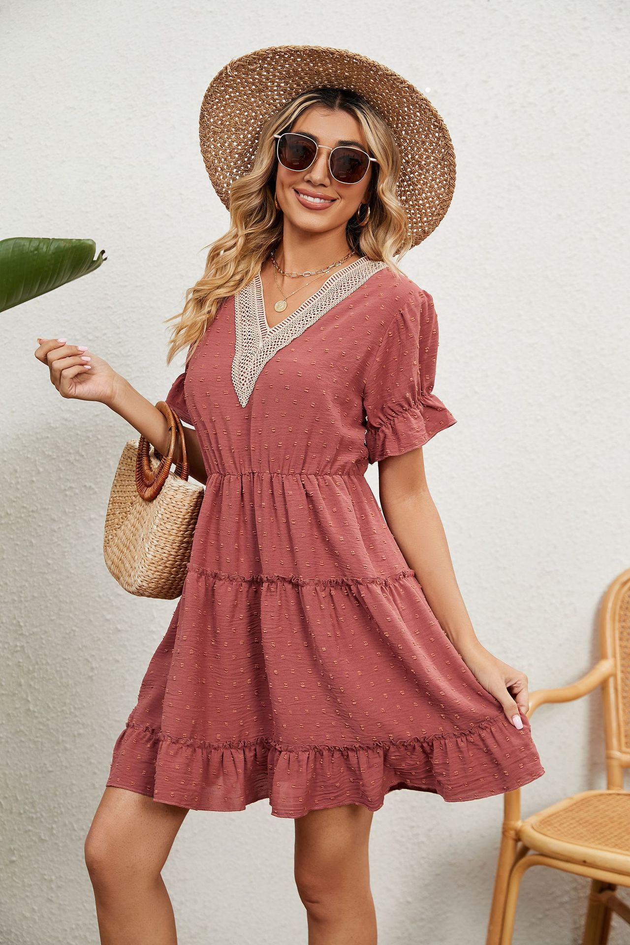 Damen-Kleid aus Jacquard-Wollknäuel mit V-Ausschnitt, lockeres, festes Kleid mit elastischer Taille_voghion.com