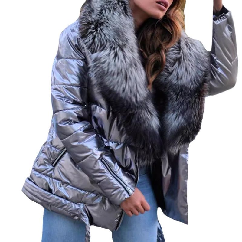 Abbigliamento da donna taglie forti giacca corta in cotone con collo in pelliccia grande e lucida per donna_voghion.com