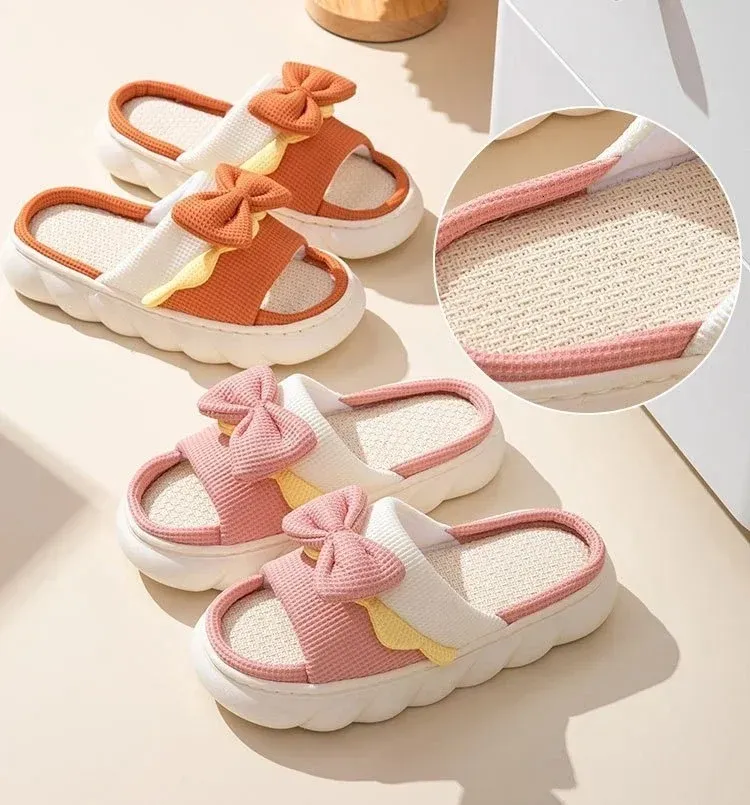 Pantufas femininas antiderrapantes para ambientes internos, chinelos confortáveis de algodão, chinelos baixos com laço fofos, chinelos para casais, primavera-verão_voghion.com