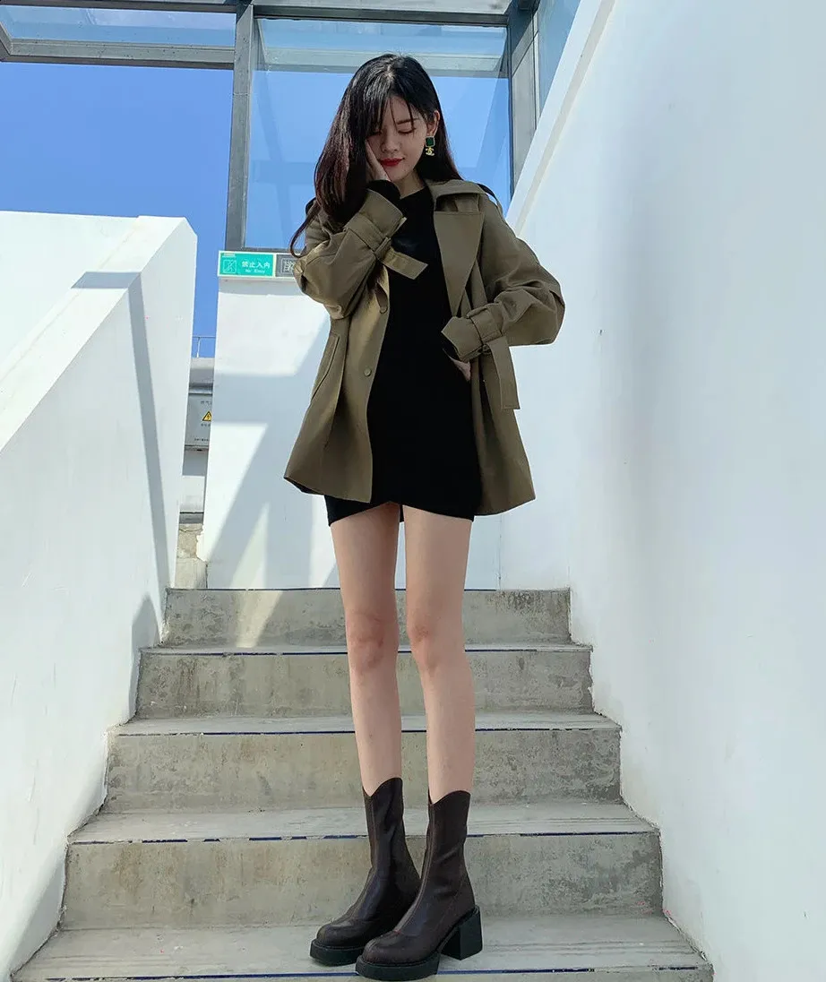 High ankle work very high heels brown short and chubby platform womens waterproof boots black Pu 240911_voghion.com